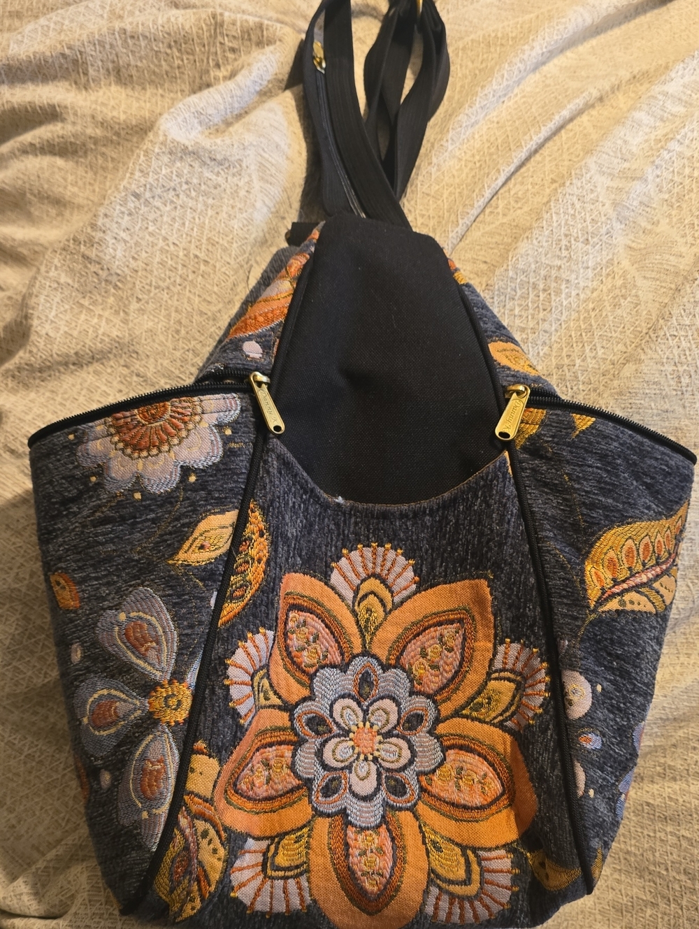 Embroidered Floral Shoulder Bag/Backpack  in Navy & Orange